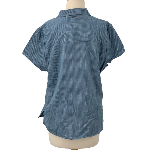 PrAna Katya Button Down Short Sleeve Organic Cotton‎ Blouse Blue/White Stripe XL - Picture 7 of 9